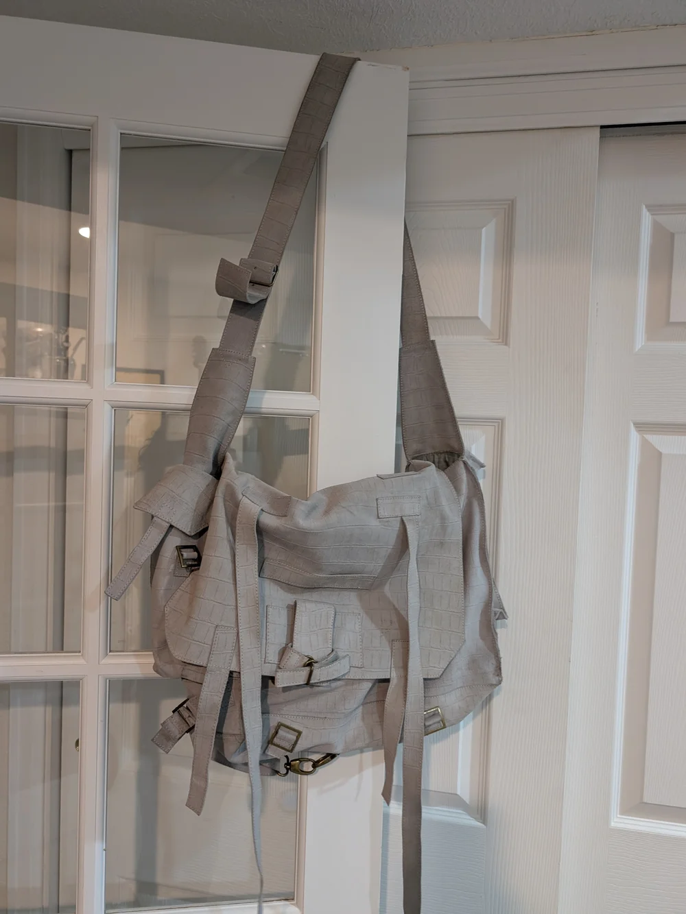 Embossed Suede Neutral Gray Crossbody Messenger Bag